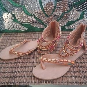 Zigisoho Sandals Size 7 Tan with Rocks, Gems and crystals